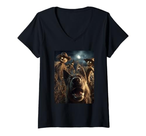 Damen Deutscher Schäferhund Selfie mit Vogelscheuchen Gruseliger Halloween-Hund T-Shirt mit V-Ausschnitt Damen Deutscher Schäferhund Selfie mit Vogelscheuchen Gruseliger Halloween-Hund T-Shirt mit V-Ausschnitt von Funny Halloween Animals Selfies Clothing