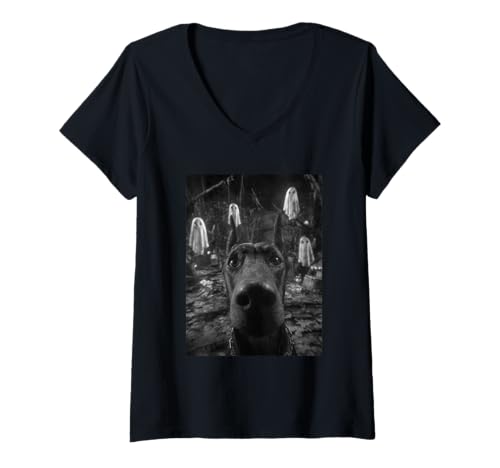 Damen Dobermann Selfie mit Geistern Spukwald Halloween Hund T-Shirt mit V-Ausschnitt Damen Dobermann Selfie mit Geistern Spukwald Halloween Hund T-Shirt mit V-Ausschnitt von Funny Halloween Animals Selfies Clothing