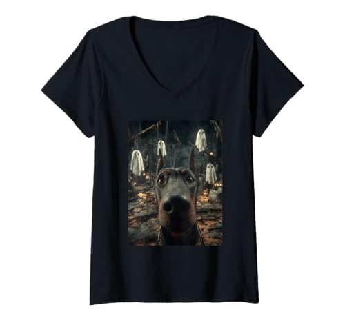 Damen Dobermann Selfie mit Geistern Spukwald Halloween Hund T-Shirt mit V-Ausschnitt Damen Dobermann Selfie mit Geistern Spukwald Halloween Hund T-Shirt mit V-Ausschnitt von Funny Halloween Animals Selfies Clothing