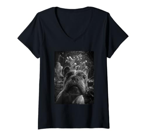 Damen Französische Bulldogge Selfie mit Geistern Spukwald Halloween T-Shirt mit V-Ausschnitt Damen Französische Bulldogge Selfie mit Geistern Spukwald Halloween T-Shirt mit V-Ausschnitt von Funny Halloween Animals Selfies Clothing