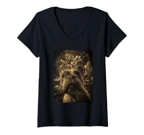 Damen Französische Bulldogge Selfie mit Geistern Spukwald Halloween T-Shirt mit V-Ausschnitt Damen Französische Bulldogge Selfie mit Geistern Spukwald Halloween T-Shirt mit V-Ausschnitt von Funny Halloween Animals Selfies Clothing