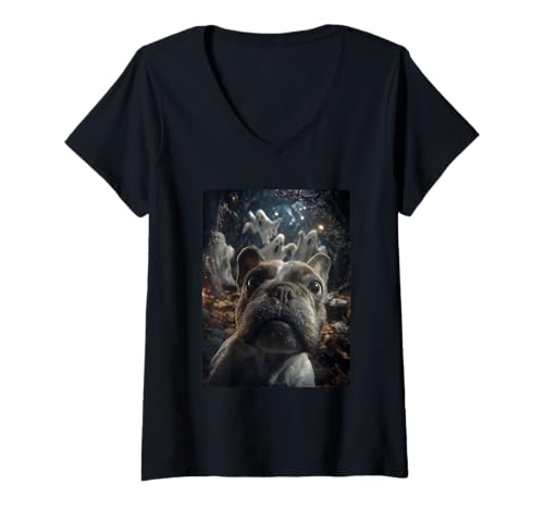 Damen Französische Bulldogge Selfie mit Geistern Spukwald Halloween T-Shirt mit V-Ausschnitt Damen Französische Bulldogge Selfie mit Geistern Spukwald Halloween T-Shirt mit V-Ausschnitt von Funny Halloween Animals Selfies Clothing