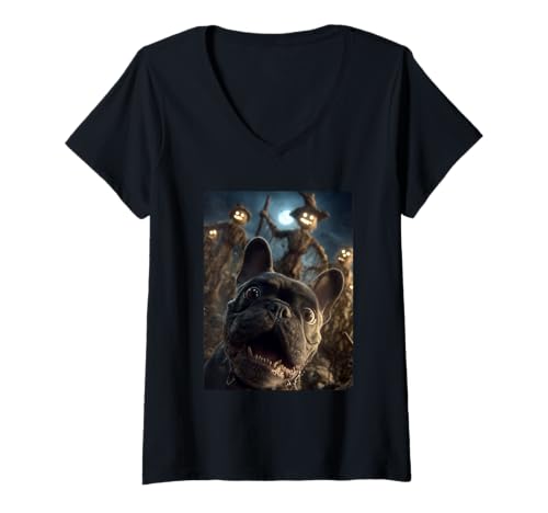 Damen Französische Bulldogge Selfie mit Vogelscheuchen gruseliger Halloween-Hund T-Shirt mit V-Ausschnitt Damen Französische Bulldogge Selfie mit Vogelscheuchen gruseliger Halloween-Hund T-Shirt mit V-Ausschnitt von Funny Halloween Animals Selfies Clothing