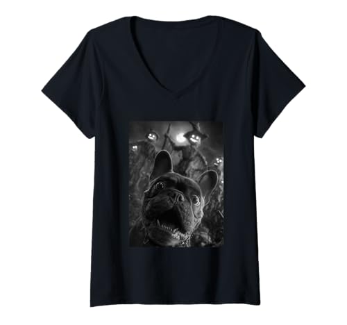 Damen Französische Bulldogge Selfie mit gruseligen Vogelscheuchen Halloween Hund T-Shirt mit V-Ausschnitt Damen Französische Bulldogge Selfie mit gruseligen Vogelscheuchen Halloween Hund T-Shirt mit V-Ausschnitt von Funny Halloween Animals Selfies Clothing