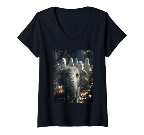 Damen Gruseliger Elefant Selfie mit Geistern Spukwald Halloween T-Shirt mit V-Ausschnitt von Funny Halloween Animals Selfies Clothing
