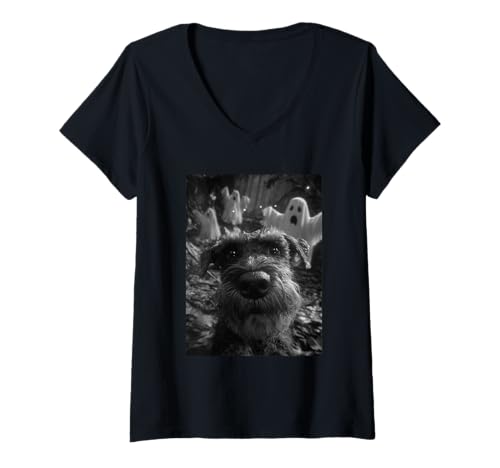 Damen Gruseliger Schnauzer Selfie Geister Spukwald Halloween Hund T-Shirt mit V-Ausschnitt Damen Gruseliger Schnauzer Selfie Geister Spukwald Halloween Hund T-Shirt mit V-Ausschnitt von Funny Halloween Animals Selfies Clothing