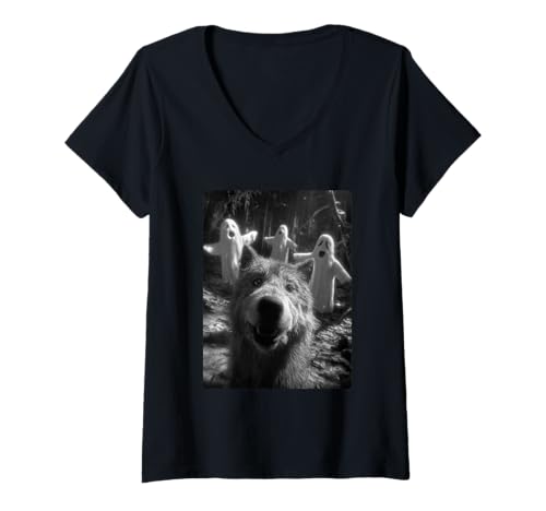 Damen Gruseliger Wolf Selfie mit Geistern und Spukwald Halloween T-Shirt mit V-Ausschnitt Damen Gruseliger Wolf Selfie mit Geistern und Spukwald Halloween T-Shirt mit V-Ausschnitt von Funny Halloween Animals Selfies Clothing