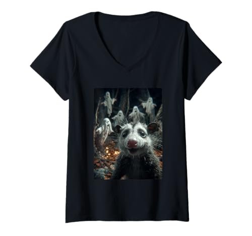 Damen Gruseliges Opossum Selfie mit Geistern Spukwald Halloween T-Shirt mit V-Ausschnitt Damen Gruseliges Opossum Selfie mit Geistern Spukwald Halloween T-Shirt mit V-Ausschnitt von Funny Halloween Animals Selfies Clothing