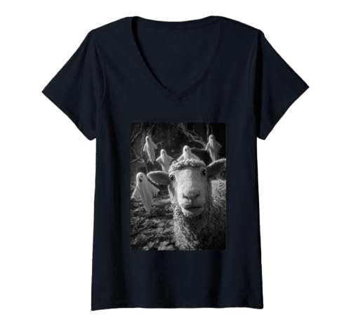 Damen Gruseliges Schaf Selfie mit Geistern Spukwald Halloween Hund T-Shirt mit V-Ausschnitt Damen Gruseliges Schaf Selfie mit Geistern Spukwald Halloween Hund T-Shirt mit V-Ausschnitt von Funny Halloween Animals Selfies Clothing
