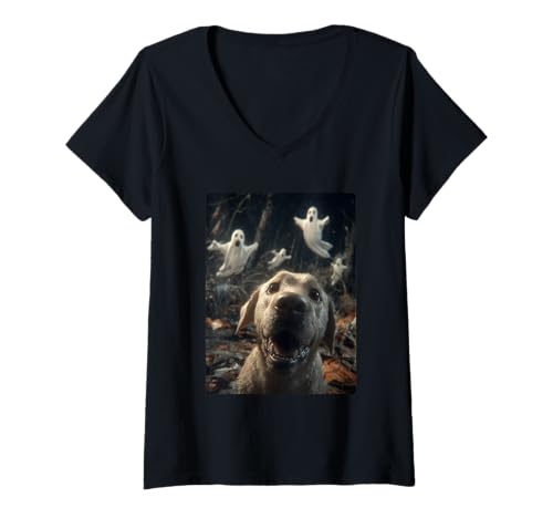 Damen Labrador Selfie mit Geistern Spukwald Halloween Hund T-Shirt mit V-Ausschnitt Damen Labrador Selfie mit Geistern Spukwald Halloween Hund T-Shirt mit V-Ausschnitt von Funny Halloween Animals Selfies Clothing