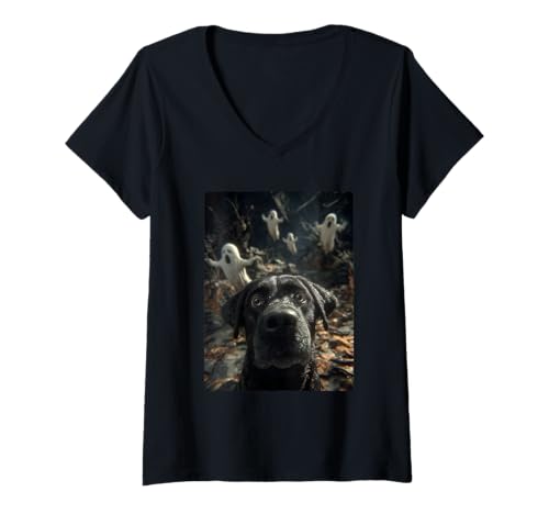 Damen Labrador Selfie mit Geistern Spukwald Halloween Hund T-Shirt mit V-Ausschnitt Damen Labrador Selfie mit Geistern Spukwald Halloween Hund T-Shirt mit V-Ausschnitt von Funny Halloween Animals Selfies Clothing