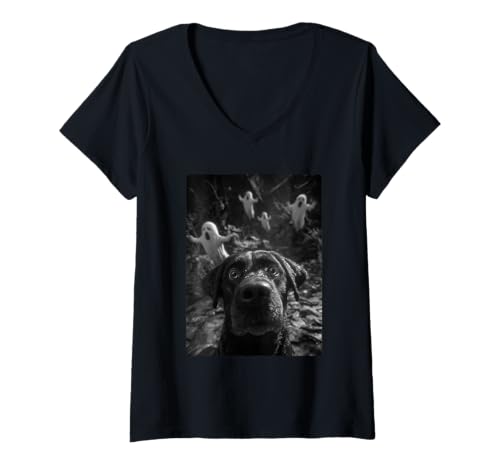 Damen Labrador Selfie mit Geistern Spukwald Halloween Hund T-Shirt mit V-Ausschnitt Damen Labrador Selfie mit Geistern Spukwald Halloween Hund T-Shirt mit V-Ausschnitt von Funny Halloween Animals Selfies Clothing