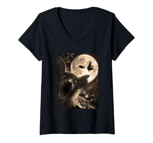 Damen Lustige Fledermaus Selfie Vollmond Fliegende Hexe Wald Halloween T-Shirt mit V-Ausschnitt Damen Lustige Fledermaus Selfie Vollmond Fliegende Hexe Wald Halloween T-Shirt mit V-Ausschnitt von Funny Halloween Animals Selfies Clothing