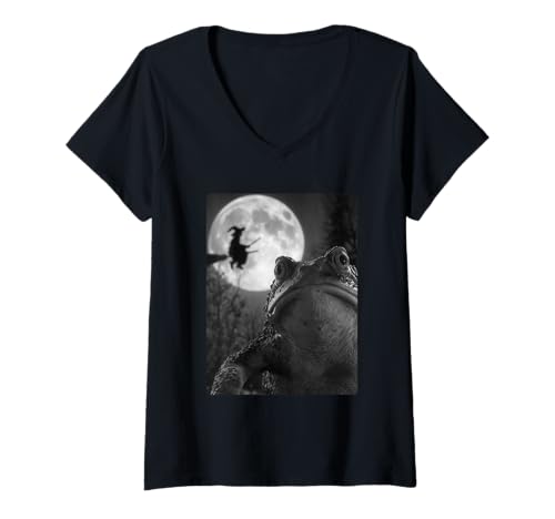 Damen Lustige Kröte Selfie Vollmond Fliegende Hexe Wald Halloween T-Shirt mit V-Ausschnitt Damen Lustige Kröte Selfie Vollmond Fliegende Hexe Wald Halloween T-Shirt mit V-Ausschnitt von Funny Halloween Animals Selfies Clothing