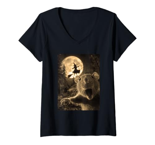 Damen Lustige Ratte Selfie Vollmond Fliegende Hexe Wald Halloween T-Shirt mit V-Ausschnitt Damen Lustige Ratte Selfie Vollmond Fliegende Hexe Wald Halloween T-Shirt mit V-Ausschnitt von Funny Halloween Animals Selfies Clothing