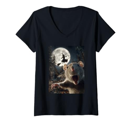 Damen Lustige Ratte Selfie Vollmond Fliegende Hexe Wald Halloween T-Shirt mit V-Ausschnitt Damen Lustige Ratte Selfie Vollmond Fliegende Hexe Wald Halloween T-Shirt mit V-Ausschnitt von Funny Halloween Animals Selfies Clothing