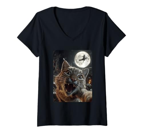 Damen Lustiger Bobcat Selfie Vollmond Fliegende Hexe Wald Halloween T-Shirt mit V-Ausschnitt Damen Lustiger Bobcat Selfie Vollmond Fliegende Hexe Wald Halloween T-Shirt mit V-Ausschnitt von Funny Halloween Animals Selfies Clothing