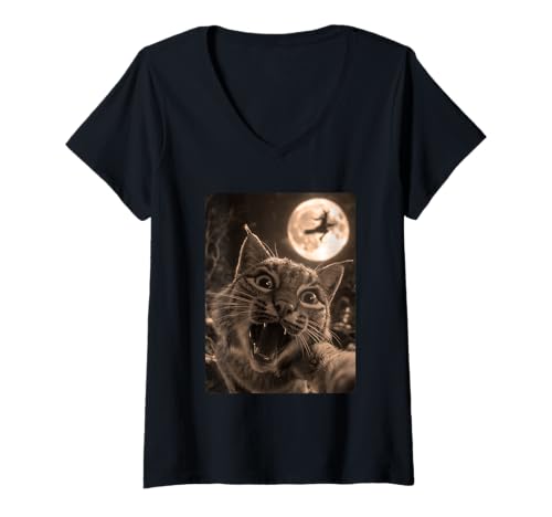 Damen Lustiger Bobcat Selfie Vollmond Fliegende Hexe Wald Halloween T-Shirt mit V-Ausschnitt Damen Lustiger Bobcat Selfie Vollmond Fliegende Hexe Wald Halloween T-Shirt mit V-Ausschnitt von Funny Halloween Animals Selfies Clothing