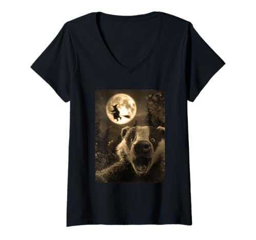 Damen Lustiger Dachs Selfie Vollmond Fliegende Hexe Wald Halloween T-Shirt mit V-Ausschnitt Damen Lustiger Dachs Selfie Vollmond Fliegende Hexe Wald Halloween T-Shirt mit V-Ausschnitt von Funny Halloween Animals Selfies Clothing