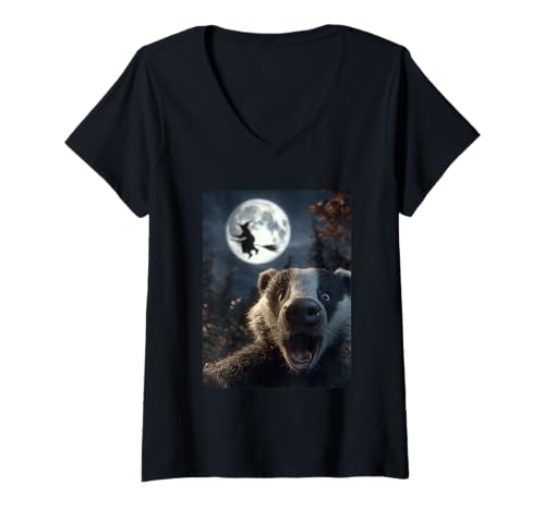 Damen Lustiger Dachs Selfie Vollmond Fliegende Hexe Wald Halloween T-Shirt mit V-Ausschnitt Damen Lustiger Dachs Selfie Vollmond Fliegende Hexe Wald Halloween T-Shirt mit V-Ausschnitt von Funny Halloween Animals Selfies Clothing
