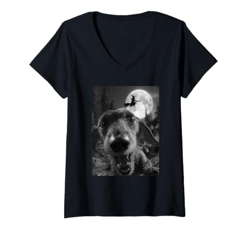 Damen Lustiger Dackel Selfie Vollmond Fliegende Hexe Halloween Hund T-Shirt mit V-Ausschnitt von Funny Halloween Animals Selfies Clothing