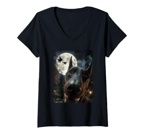 Damen Lustiger Dobermann Selfie Vollmond Fliegende Hexe Halloween Hund T-Shirt mit V-Ausschnitt Damen Lustiger Dobermann Selfie Vollmond Fliegende Hexe Halloween Hund T-Shirt mit V-Ausschnitt von Funny Halloween Animals Selfies Clothing