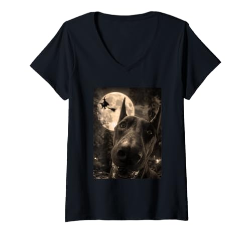 Damen Lustiger Dobermann Selfie Vollmond Fliegende Hexe Halloween Hund T-Shirt mit V-Ausschnitt Damen Lustiger Dobermann Selfie Vollmond Fliegende Hexe Halloween Hund T-Shirt mit V-Ausschnitt von Funny Halloween Animals Selfies Clothing