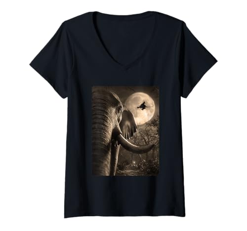 Damen Lustiger Elefant Selfie Vollmond Fliegende Hexe Halloween Hund T-Shirt mit V-Ausschnitt Damen Lustiger Elefant Selfie Vollmond Fliegende Hexe Halloween Hund T-Shirt mit V-Ausschnitt von Funny Halloween Animals Selfies Clothing