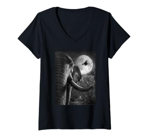 Damen Lustiger Elefant Selfie Vollmond Fliegende Hexe Halloween Hund T-Shirt mit V-Ausschnitt von Funny Halloween Animals Selfies Clothing