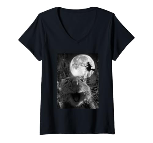 Damen Lustiger Hamster Selfie Vollmond Fliegende Hexe Wald Halloween T-Shirt mit V-Ausschnitt Damen Lustiger Hamster Selfie Vollmond Fliegende Hexe Wald Halloween T-Shirt mit V-Ausschnitt von Funny Halloween Animals Selfies Clothing