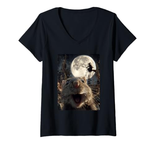 Damen Lustiger Hamster Selfie Vollmond Fliegende Hexe Wald Halloween T-Shirt mit V-Ausschnitt Damen Lustiger Hamster Selfie Vollmond Fliegende Hexe Wald Halloween T-Shirt mit V-Ausschnitt von Funny Halloween Animals Selfies Clothing
