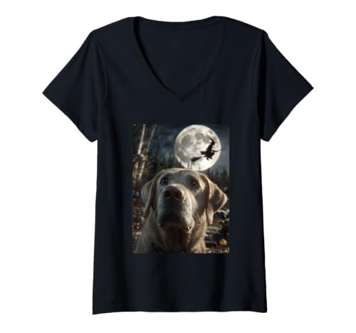 Damen Lustiger Labrador Selfie Vollmond Fliegende Hexe Halloween Hund T-Shirt mit V-Ausschnitt Damen Lustiger Labrador Selfie Vollmond Fliegende Hexe Halloween Hund T-Shirt mit V-Ausschnitt von Funny Halloween Animals Selfies Clothing