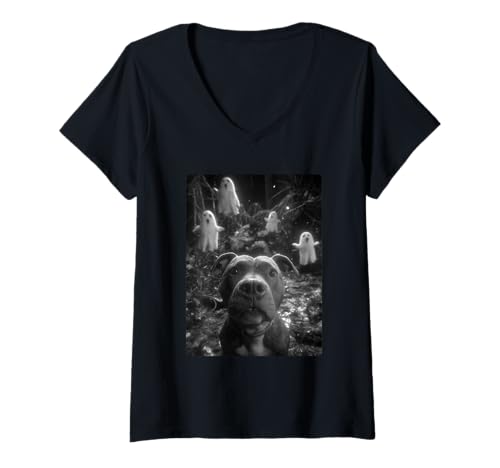 Damen Lustiger Pit Bull Selfie Geister Spukwald Halloween Hund T-Shirt mit V-Ausschnitt Damen Lustiger Pit Bull Selfie Geister Spukwald Halloween Hund T-Shirt mit V-Ausschnitt von Funny Halloween Animals Selfies Clothing