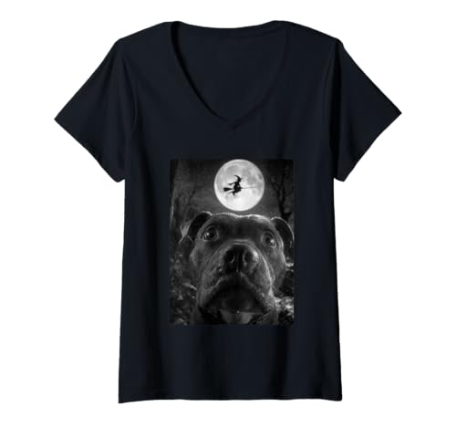 Damen Lustiger Pit Bull Selfie Vollmond Fliegende Hexe Halloween Hund T-Shirt mit V-Ausschnitt Damen Lustiger Pit Bull Selfie Vollmond Fliegende Hexe Halloween Hund T-Shirt mit V-Ausschnitt von Funny Halloween Animals Selfies Clothing