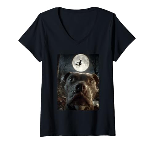 Damen Lustiger Pit Bull Selfie Vollmond Fliegende Hexe Halloween Hund T-Shirt mit V-Ausschnitt Damen Lustiger Pit Bull Selfie Vollmond Fliegende Hexe Halloween Hund T-Shirt mit V-Ausschnitt von Funny Halloween Animals Selfies Clothing