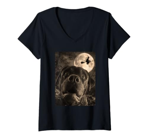 Damen Lustiger Rottweiler Selfie Vollmond Fliegende Hexe Halloween Hund T-Shirt mit V-Ausschnitt von Funny Halloween Animals Selfies Clothing