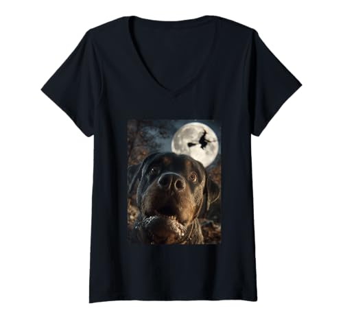 Damen Lustiger Rottweiler Selfie Vollmond Fliegende Hexe Halloween Hund T-Shirt mit V-Ausschnitt Damen Lustiger Rottweiler Selfie Vollmond Fliegende Hexe Halloween Hund T-Shirt mit V-Ausschnitt von Funny Halloween Animals Selfies Clothing
