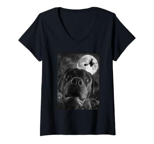 Damen Lustiger Rottweiler Selfie Vollmond Fliegende Hexe Halloween Hund T-Shirt mit V-Ausschnitt von Funny Halloween Animals Selfies Clothing