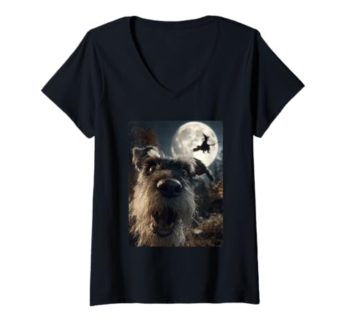 Damen Lustiger Schnauzer Selfie Vollmond Fliegende Hexe Halloween Hund T-Shirt mit V-Ausschnitt von Funny Halloween Animals Selfies Clothing