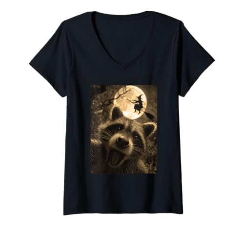 Damen Lustiger Waschbär Selfie Vollmond Fliegende Hexe Wald Halloween T-Shirt mit V-Ausschnitt Damen Lustiger Waschbär Selfie Vollmond Fliegende Hexe Wald Halloween T-Shirt mit V-Ausschnitt von Funny Halloween Animals Selfies Clothing