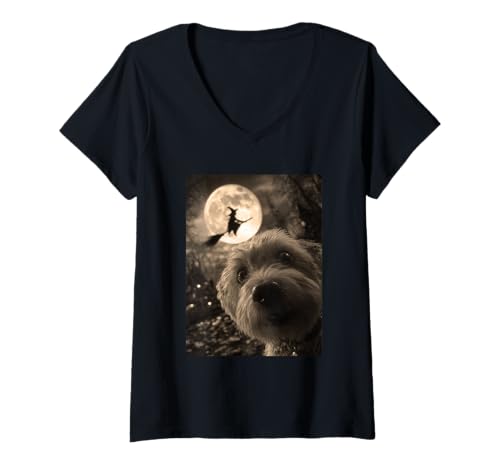 Damen Lustiger maltesischer Selfie Vollmond Fliegende Hexe Halloween Hund T-Shirt mit V-Ausschnitt von Funny Halloween Animals Selfies Clothing
