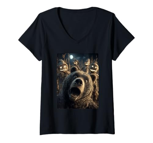 Damen Lustiges Bären-Selfie mit Vogelscheuchen, gruseliges Halloween-Tier T-Shirt mit V-Ausschnitt Damen Lustiges Bären-Selfie mit Vogelscheuchen, gruseliges Halloween-Tier T-Shirt mit V-Ausschnitt von Funny Halloween Animals Selfies Clothing