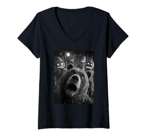 Damen Lustiges Bären-Selfie mit gruseligen Vogelscheuchen, Halloween-Tier T-Shirt mit V-Ausschnitt Damen Lustiges Bären-Selfie mit gruseligen Vogelscheuchen, Halloween-Tier T-Shirt mit V-Ausschnitt von Funny Halloween Animals Selfies Clothing