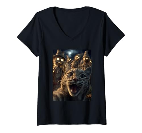 Damen Lustiges Bobcat-Selfie mit Vogelscheuchen, gruseliges Halloween-Tier T-Shirt mit V-Ausschnitt Damen Lustiges Bobcat-Selfie mit Vogelscheuchen, gruseliges Halloween-Tier T-Shirt mit V-Ausschnitt von Funny Halloween Animals Selfies Clothing
