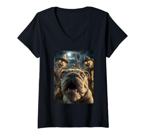 Damen Lustiges Bulldoggen-Selfie mit Vogelscheuchen, gruseliger Halloween-Hund T-Shirt mit V-Ausschnitt Damen Lustiges Bulldoggen-Selfie mit Vogelscheuchen, gruseliger Halloween-Hund T-Shirt mit V-Ausschnitt von Funny Halloween Animals Selfies Clothing