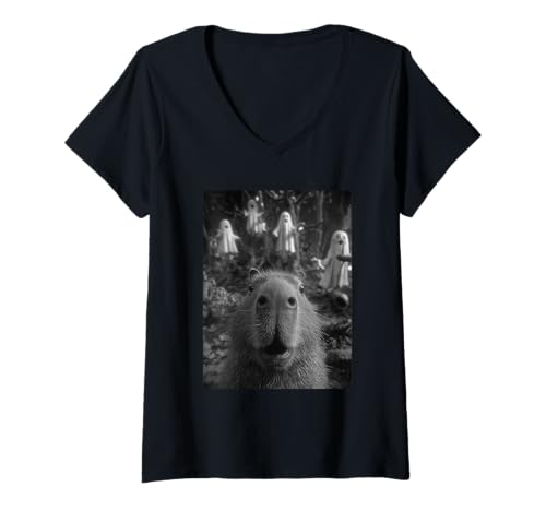 Damen Lustiges Capybara Selfie mit Geistern Spukwald Halloween T-Shirt mit V-Ausschnitt Damen Lustiges Capybara Selfie mit Geistern Spukwald Halloween T-Shirt mit V-Ausschnitt von Funny Halloween Animals Selfies Clothing