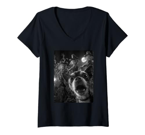Damen Lustiges Chihuahua Selfie mit gruseligen Vogelscheuchen Halloween Hund T-Shirt mit V-Ausschnitt Damen Lustiges Chihuahua Selfie mit gruseligen Vogelscheuchen Halloween Hund T-Shirt mit V-Ausschnitt von Funny Halloween Animals Selfies Clothing