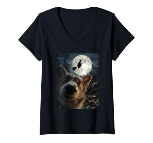 Damen Lustiges Corgi Selfie mit Vollmond Fliegende Hexe Halloween Hund T-Shirt mit V-Ausschnitt Damen Lustiges Corgi Selfie mit Vollmond Fliegende Hexe Halloween Hund T-Shirt mit V-Ausschnitt von Funny Halloween Animals Selfies Clothing
