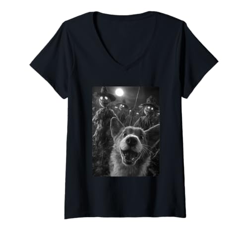 Damen Lustiges Corgi Selfie mit gruseligen Vogelscheuchen Mond Halloween Hund T-Shirt mit V-Ausschnitt Damen Lustiges Corgi Selfie mit gruseligen Vogelscheuchen Mond Halloween Hund T-Shirt mit V-Ausschnitt von Funny Halloween Animals Selfies Clothing