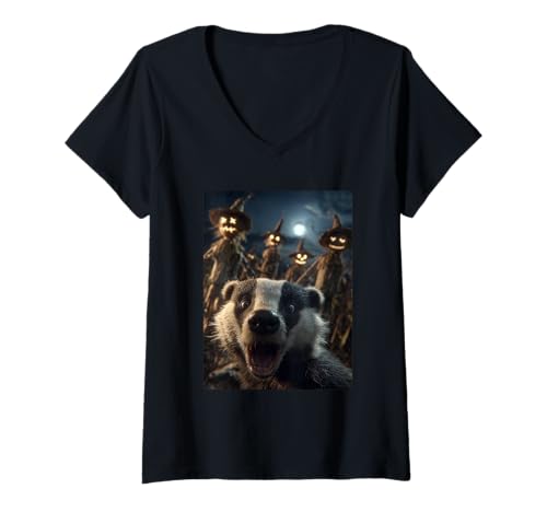 Damen Lustiges Dachs-Selfie mit gruseligen Vogelscheuchen, Halloween-Tier T-Shirt mit V-Ausschnitt Damen Lustiges Dachs-Selfie mit gruseligen Vogelscheuchen, Halloween-Tier T-Shirt mit V-Ausschnitt von Funny Halloween Animals Selfies Clothing